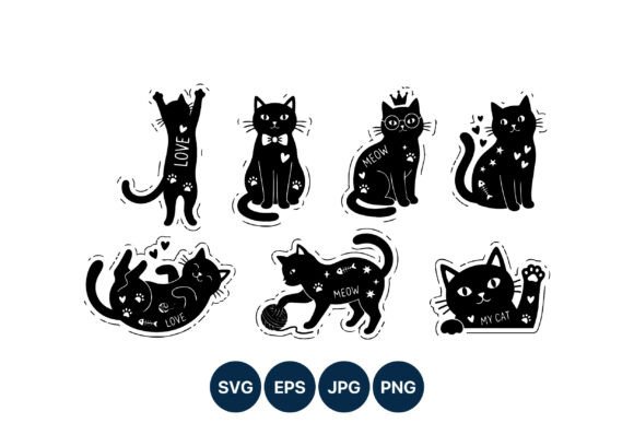 Black Cat Silhouettes Love Meow Vector