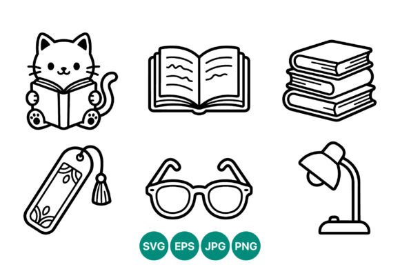 Cat Book Glasses Lamp Vector Line Art