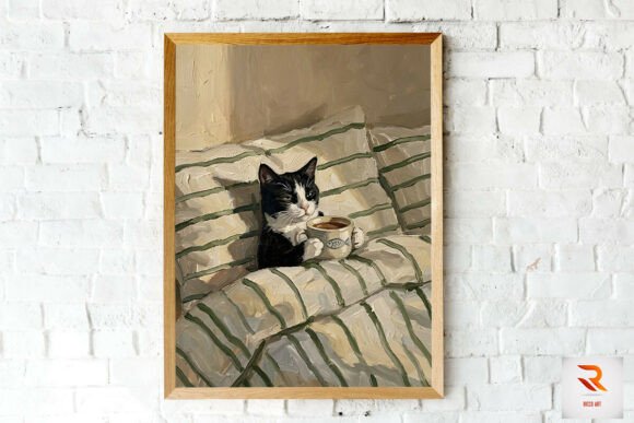 Cat Drinking Coffee in Bed Wall Art