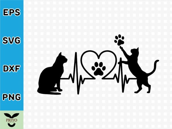 Cat Heartbeat Silhouette with Paw Prints