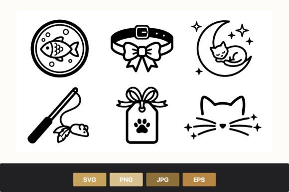 Cat Icons Set Bow Collar Fish Toy Moon