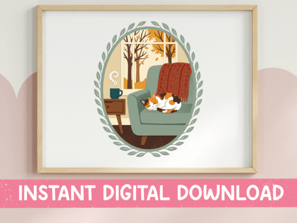 Cat Napping in Armchair Fall Scene