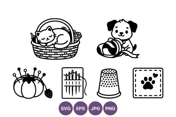 Cat Sleeping in Basket and Puppy with