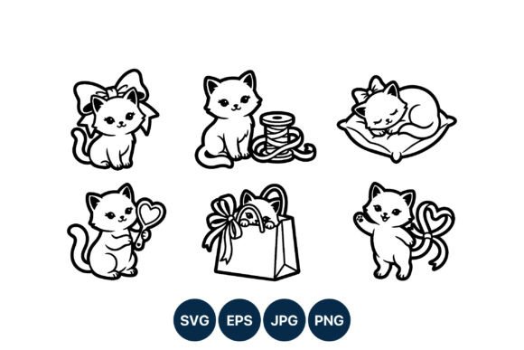 Cute Black White Cat Line Art