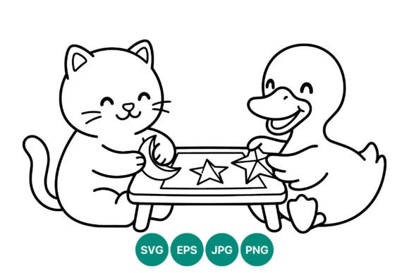 Cute Cat and Duck Playing Star Moon
