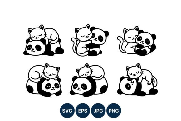 Cute Cat and Panda Line Art