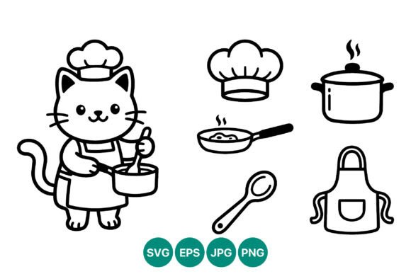 Cute Cat Chef Cooking Line Art