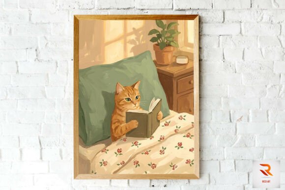 Cute Cat in Bed Reading Book Wall Art