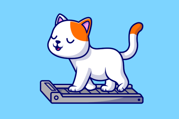 Cute Cat Running on Treadmill Cartoon