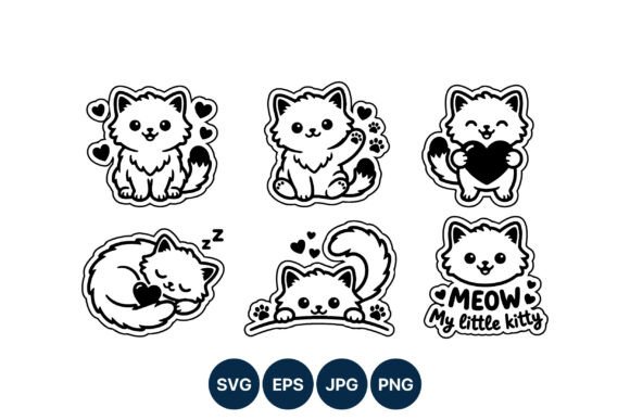 Cute Cat Stickers with Hearts and Meow