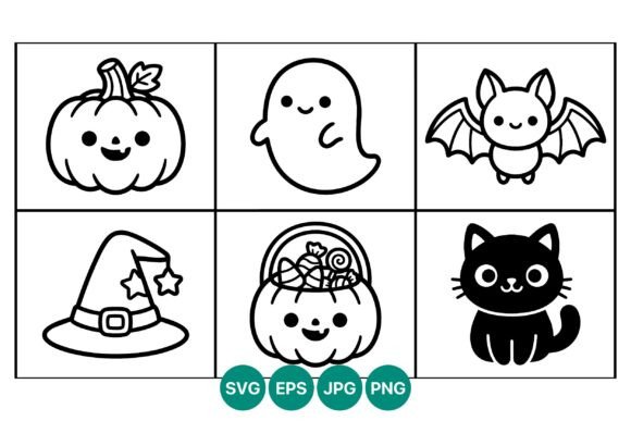 Cute Halloween Icons Black White Vector