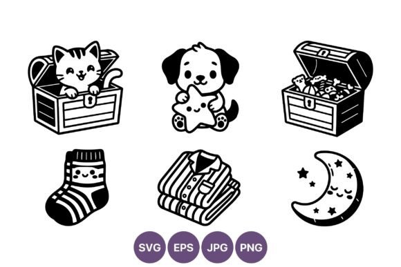 Cute Kitten Treasure Chest and Moon