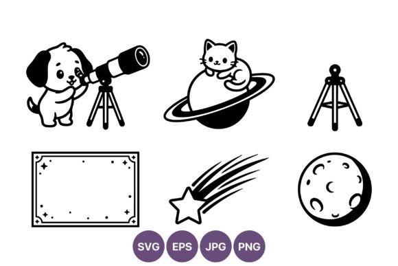 Cute Puppy and Cat Space Vector Line Art