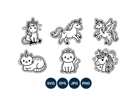 Cute Unicorn and Cat Vector Line Art