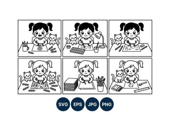 Girl Drawing with Cat Vector