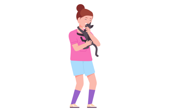 Girl Hug Cat: Happy Kid with Black Kitte
