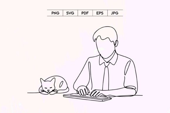 Man Working with Cat Line Art