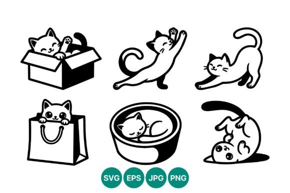 Playful and Sleeping Cat Line Art Vector